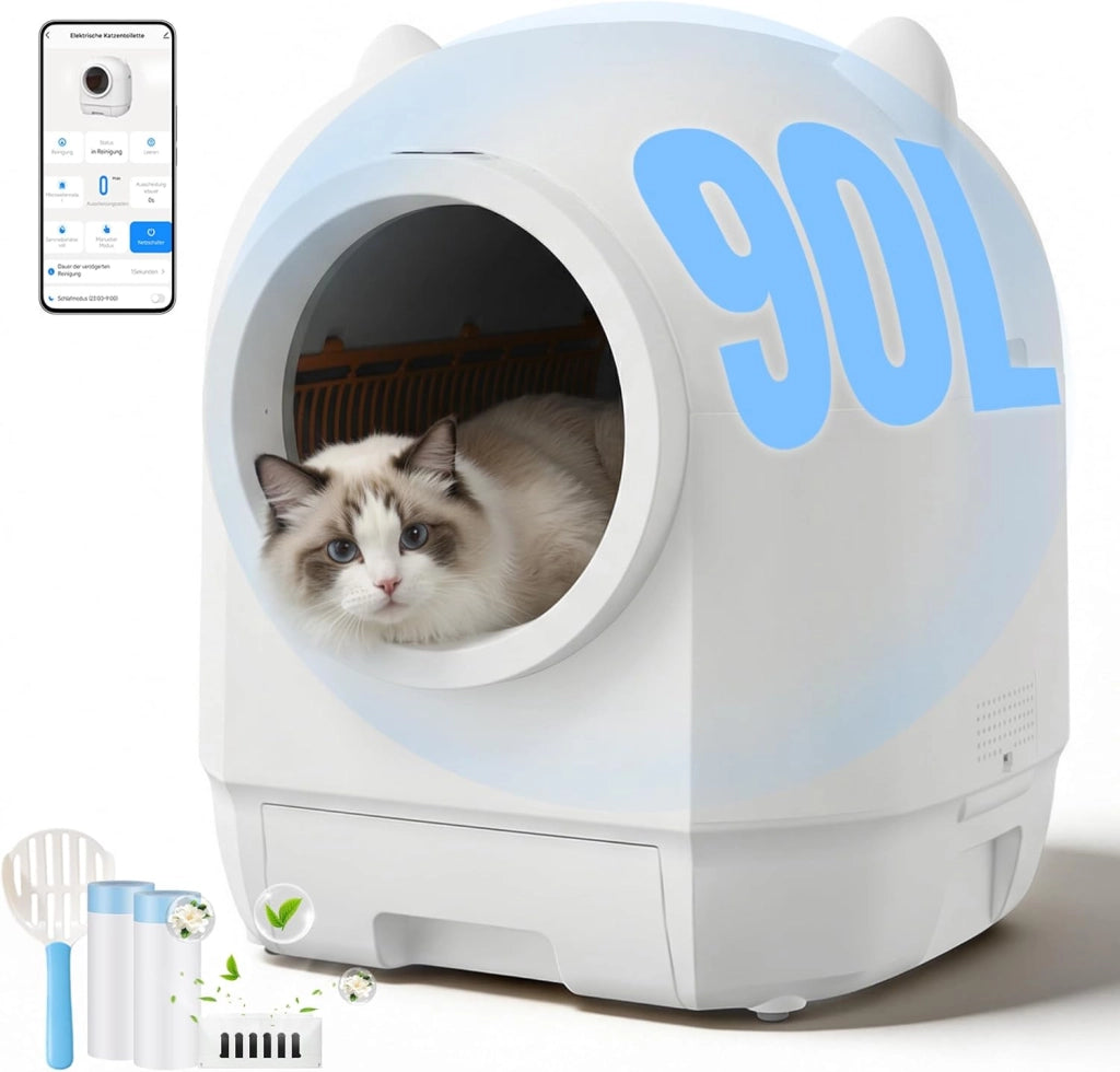 lettiera gatto autopulente,Design con orecchie da gatto,toilette per gatti XXL,Controllo remoto, ampio spazio, Sicurezza,Anti-odore,90L lettiera automatica per felini,Elettrica per più gatti.