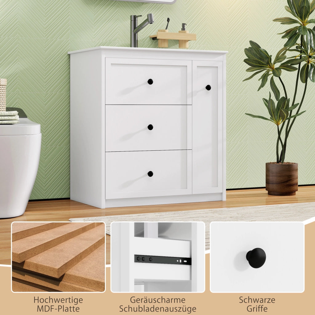 Mobile sottolavabo con 4 cassetti e lavabo in ceramica, per bagno, in MDF e ceramica, bianco, 76 × 46 × 82 cm