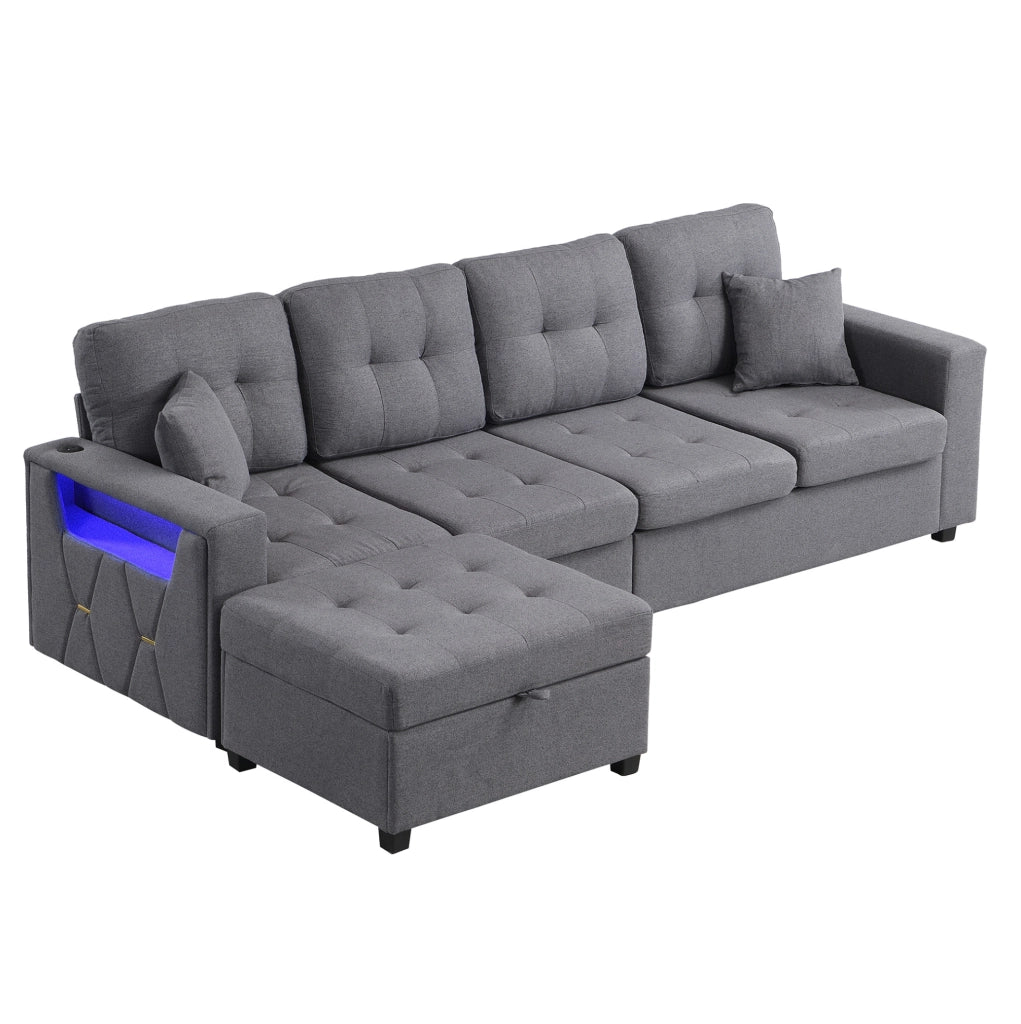 Divano 4 posti con pouf contenitore; USB e Type-C; LED; grigio antico