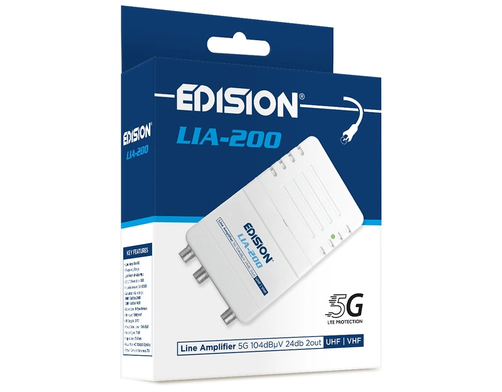 EDISION LIA-200 Amplificatore di Linea Digitale Terrestre DVB-T2 2 Uscite 24 dB Filtro 5G LTE