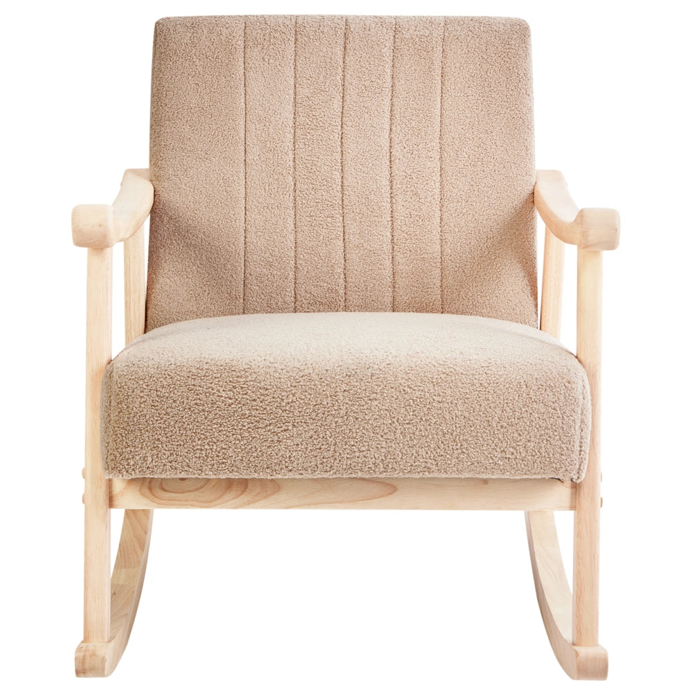 Poltrona a dondolo con rivestimento in bouclé beige gambe in legno di gomma e braccioli Soggiorno Cameretta