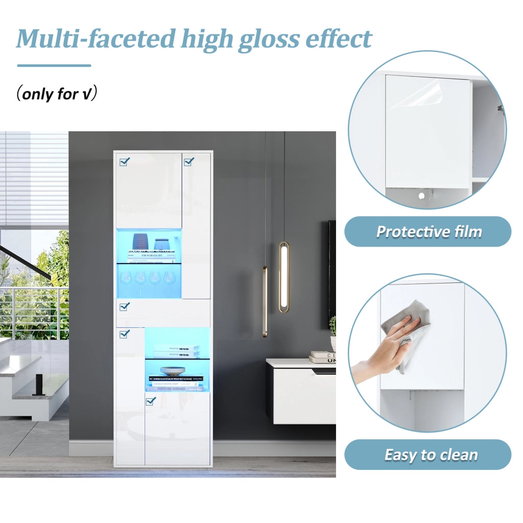 Vetrina con led e 1 cassetto, 4 ante e 11 vani, in truciolare, bianco, per soggiorno, 55 × 38 × 170 cm
