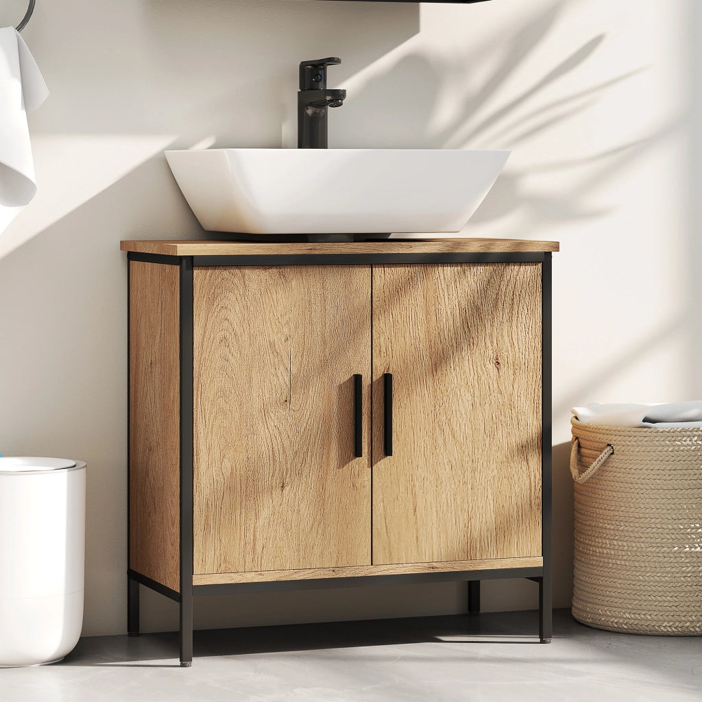 Mobile Sottolavabo Bagno con 2 Ante e Ripiano Regolabile ¨C zephmum ¨C Rovere 60x30x60 cm