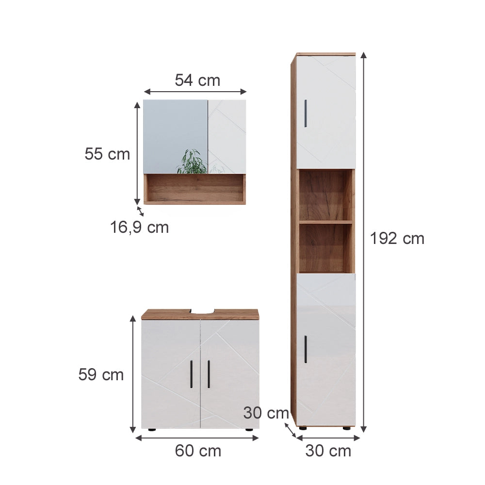 Vicco Set di mobili da bagno Bianco lucido/oro power oak 3 parti, con colonna