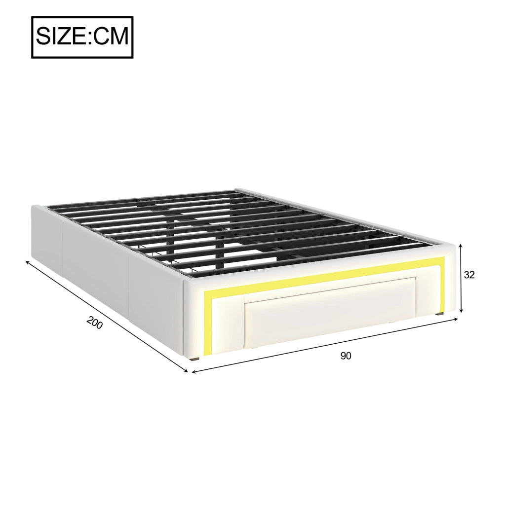 Letto imbottito 90x200 cm in PU bianco senza testiera con cassetti e LED RGB