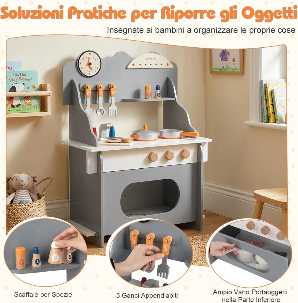 Cucina Giocattolo in Legno per Bambini, Set Gioco di Finzione con Orologio, Fornello, Porta Spezie e Accessori Completi, per Bambini 3+ Anni, 52 x 29,5 x 71 cm (Grigio + Bianco)