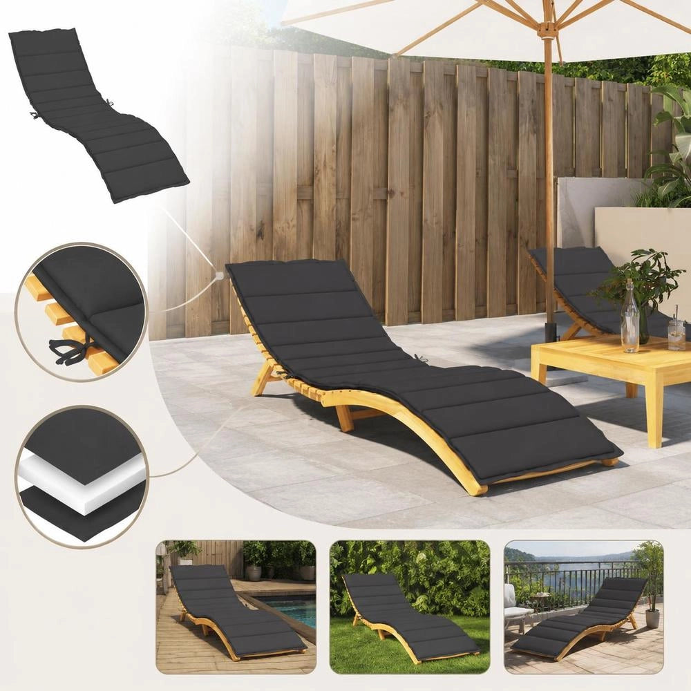 Sun Lounger Cushion, Black, 200x50x3 Cm, Oxford Fabric