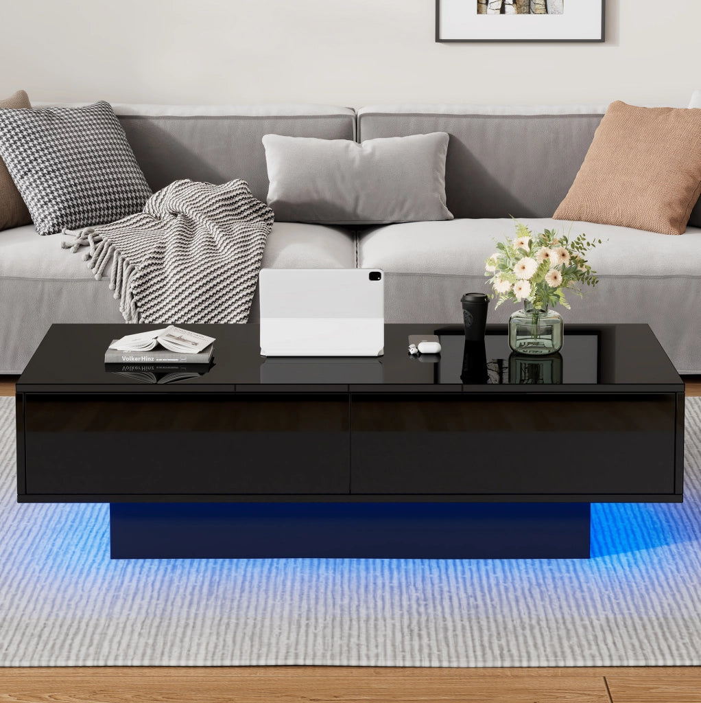 Tavolino da caffè moderno nero lucido 115 x 55 x 34 cm con 2 cassetti e LED