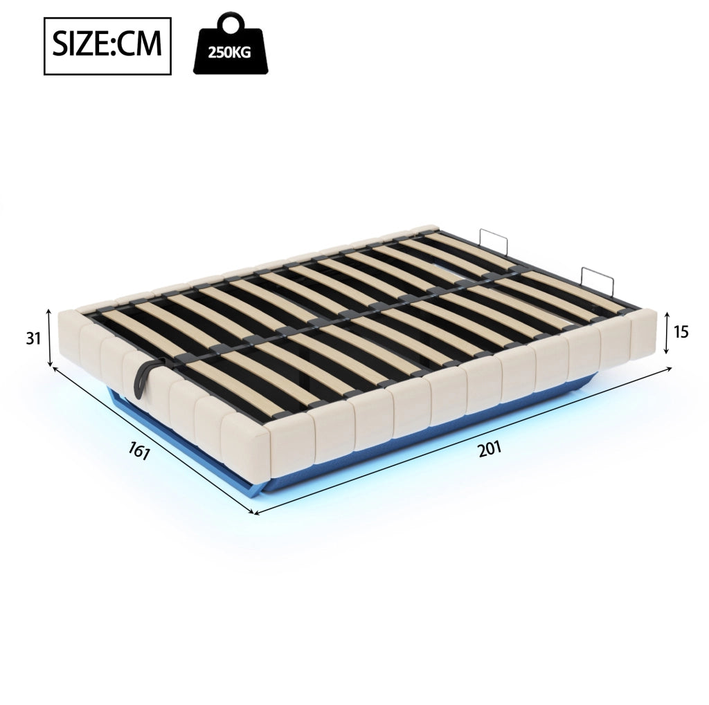 Letto matrimoniale imbottito 160x200 cm sospeso con LED; contenitore; beige