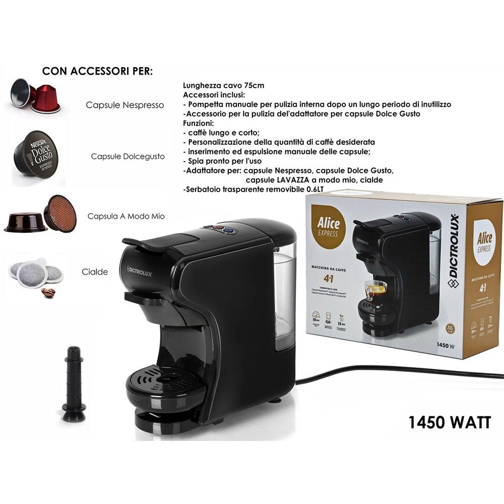 Trade Shop - Macchina Da Caffè 1450w 4in1 Capsule Cialde Compatibile Nespresso Dolce Gusto A Modo Mio -