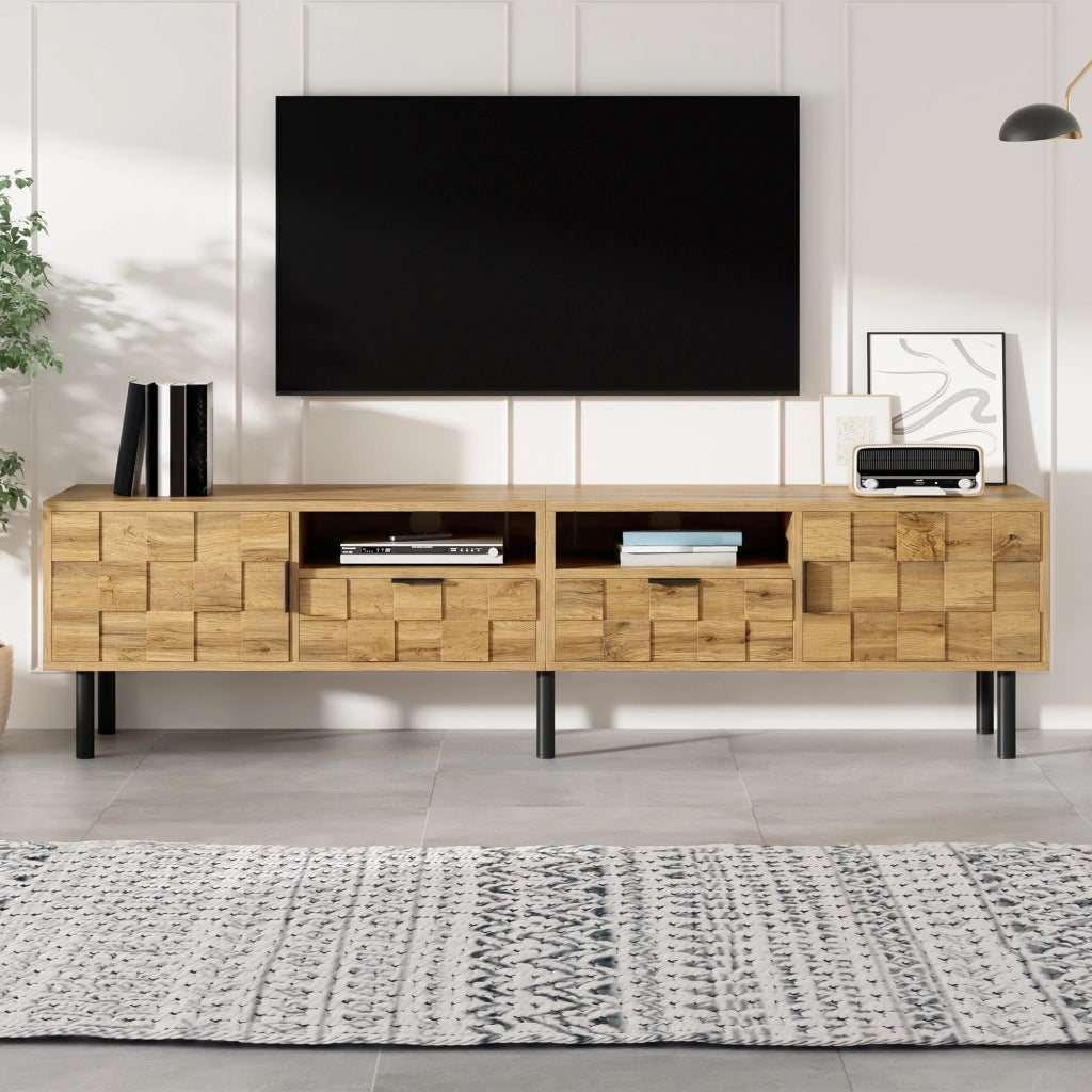 Mobile porta TV con 2 ante, 2 cassetti e 2 vani aperti, per soggiorno, in truciolare, naturale e nero 160 × 35 × 42,5 cm
