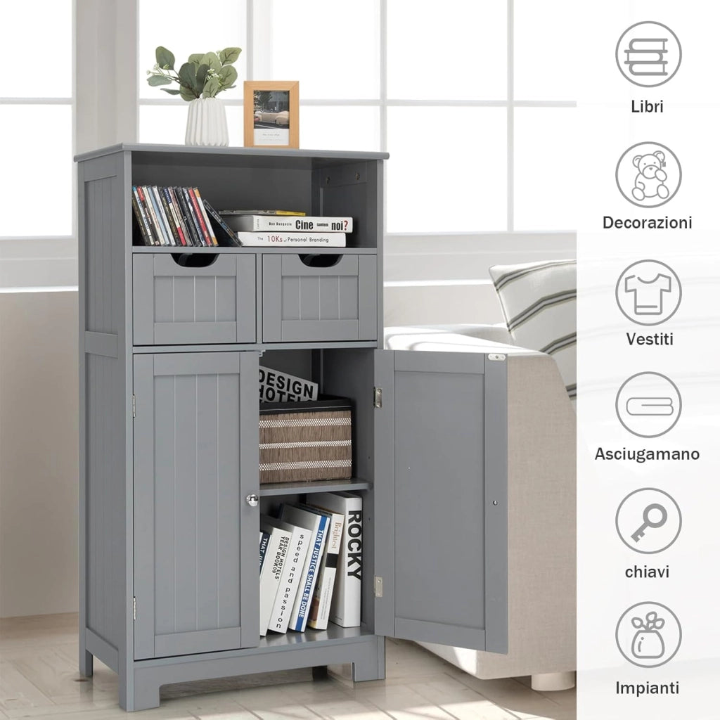 Armadietto Terra da Bagno Mobile Autoportante, Mobiletto Ufficcio Multiuso, con Cassetti e Ripiani, Ampio Spazio, Legno (Grigio)