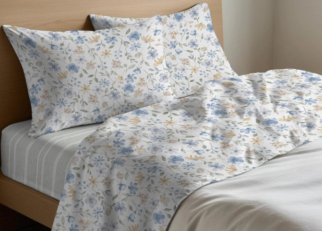 Completo Lenzuola Letto In 100% Cotone Made Italy Disegno Primavera - Maxi - Azzurro