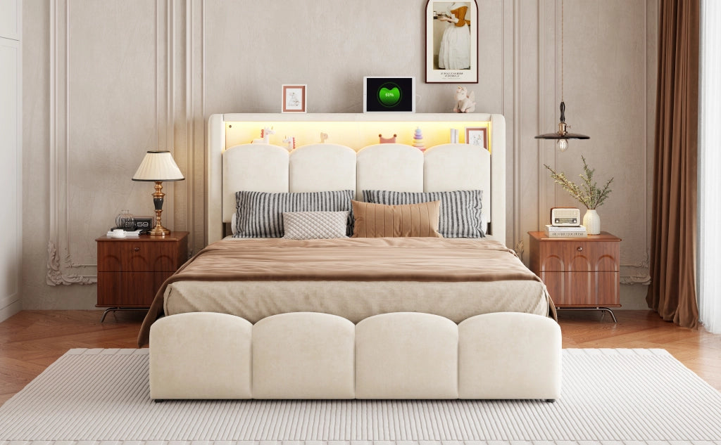 Letto imbottito con contenitore idraulico, USB-C e LED, 140x200 cm, velluto beige
