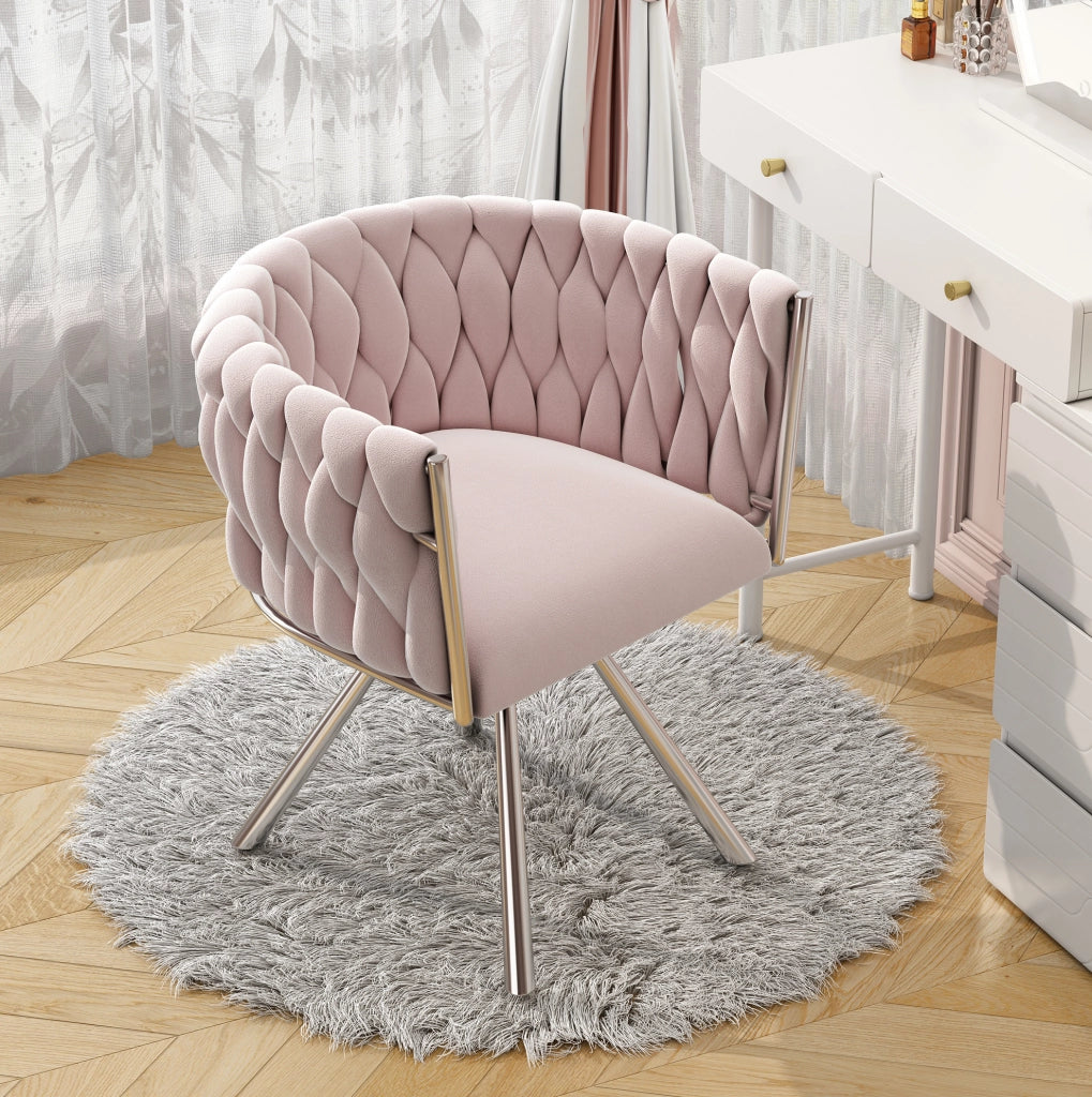 Sedia girevole in velluto rosa con schienale curvo