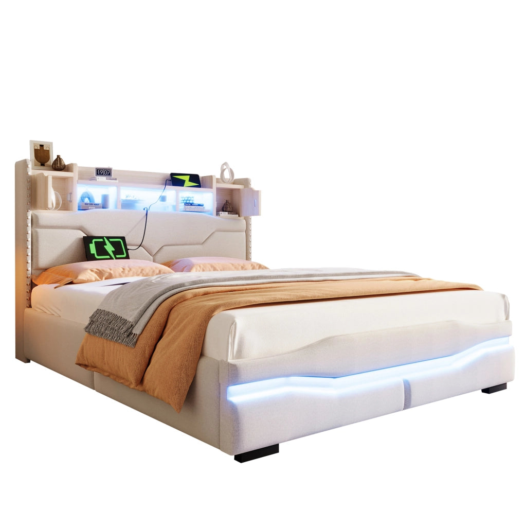 Letto matrimoniale imbottito 140x200 cm in lino beige con LED; presa USB e contenitore idraulico