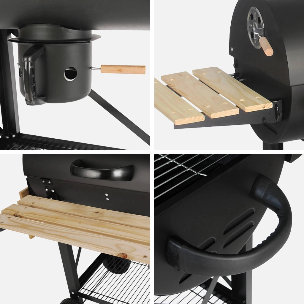 Barbecue a carbone, griglia e affumicatore americano, ruote e ripiani