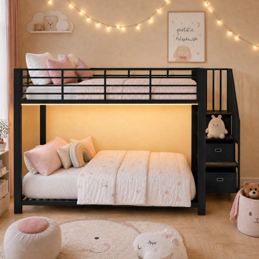Letto a castello 140 x 200 cm in MDF e metallo con scala reversibile; LED e prese USB; nero