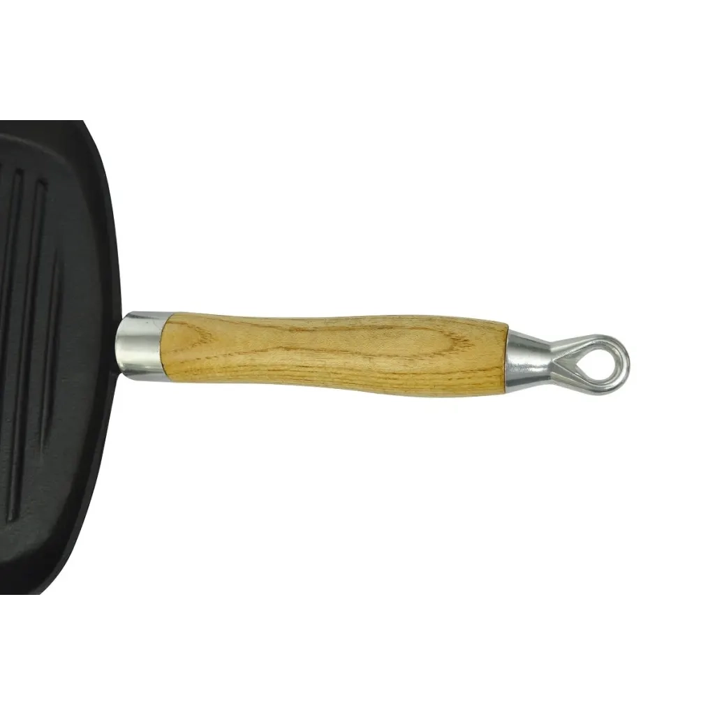Padella Tegame Griglia in Ghisa con Manico in Legno 20x20 cm 50125