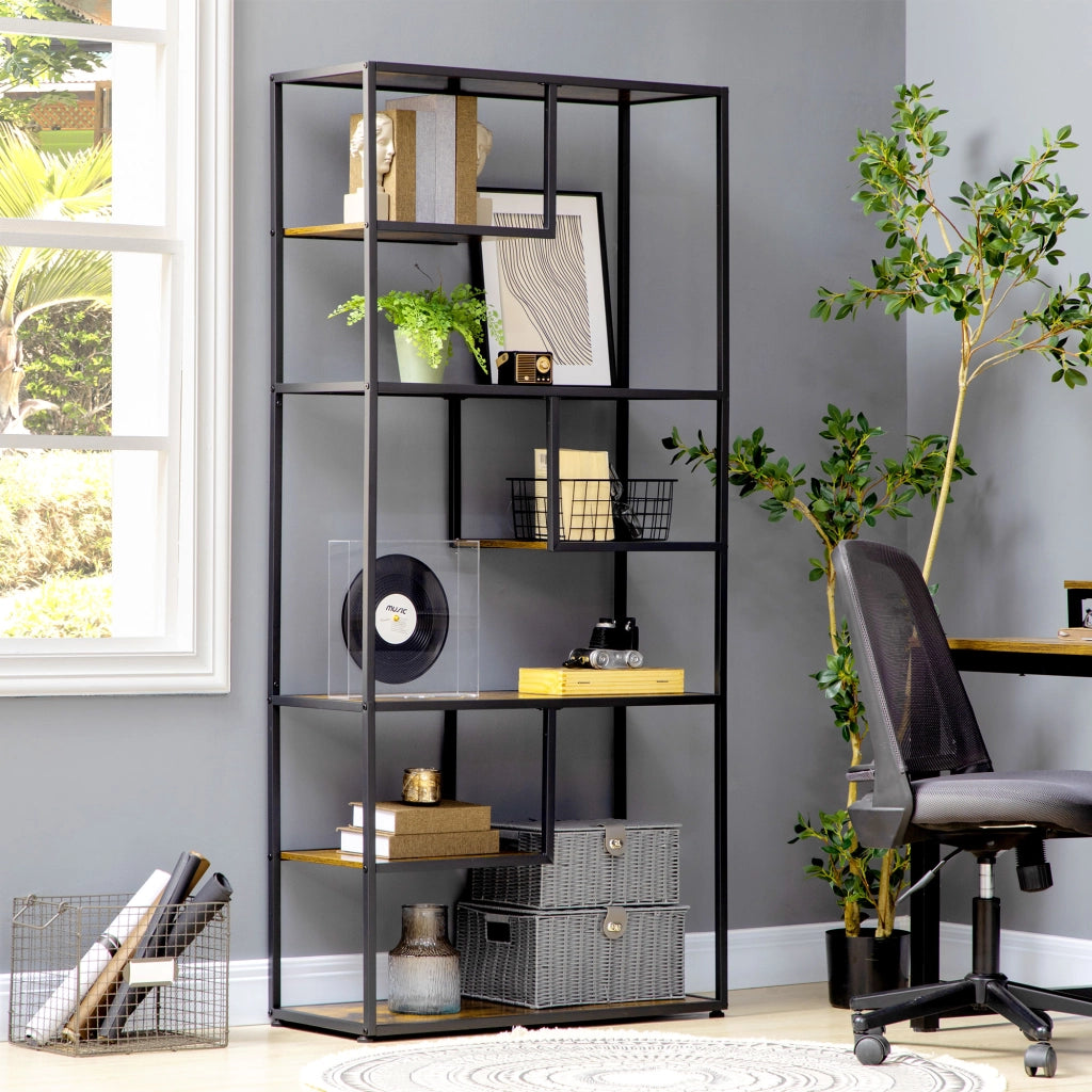 Mobile Libreria a 7 Livelli in Legno e Acciaio Stile Industriale. 83x34x180 cm. Marrone