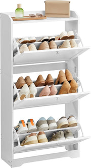 VASAGLE Scarpiera con 3 Scomparti a Ribalta, Scarpiera Salvaspazio, Divisori Regolabili, Portascarpe per fino a 12-20 Paia di Scarpe, Ingresso Corridoio, 24 x 60 x 121,2 cm, Bianco Nuvola LBC036WB01