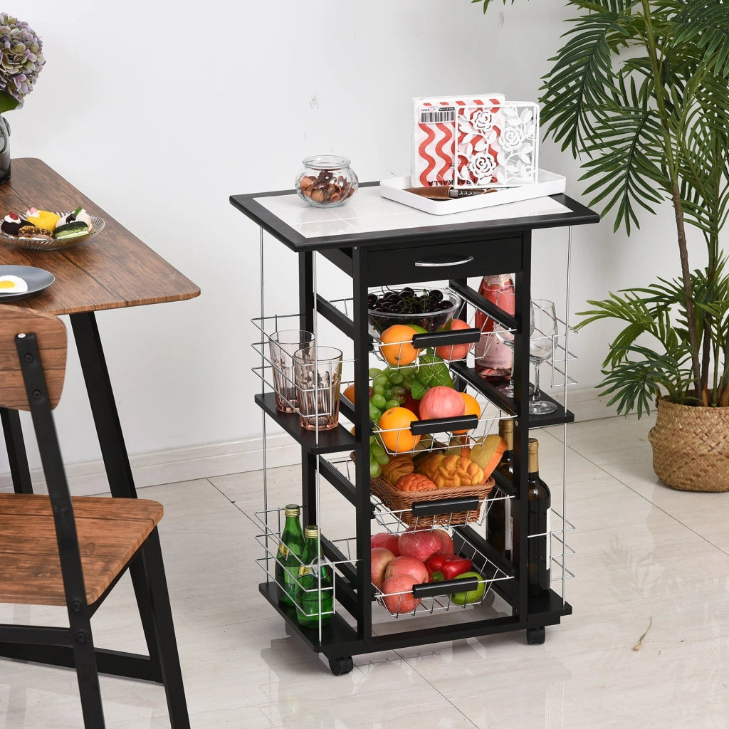 Carrello da Cucina con 4 Cestini e 4 Scomprati in Legno di Pino 57x37x83 cm  Nero
