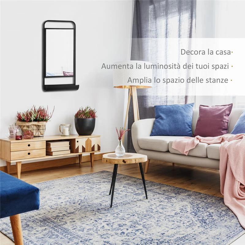 SPECCHIO DA PARETE CON MENSOLA INFERIORE E STRUTTURA IN METALLO, 36.2X12X71.7CM, NERO