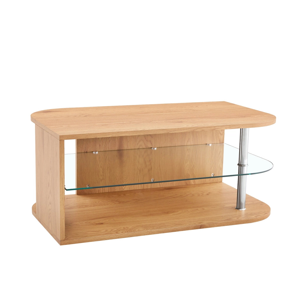 Tavolino basso con doppio ripiano e vano contenitore in MDF effetto legno naturale e vetro 100 × 60 × 42 cm