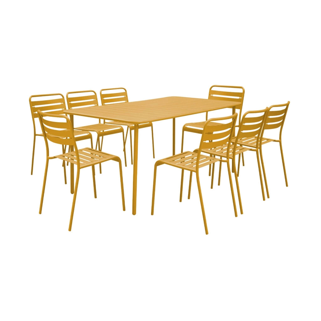 Set tavolo da giardino in acciaio con 8 sedie, 160cm, ocra