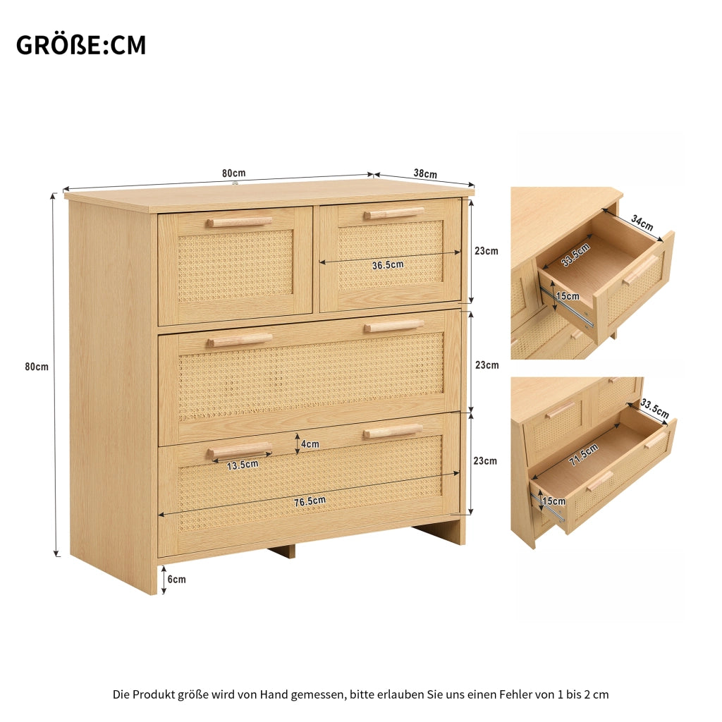 OKWISH Comò in Rattan con 4 Cassetti e Dispositivo Antiribaltamento, per Camera o Ingresso, MDF, Naturale, 80 × 38 × 80 cm