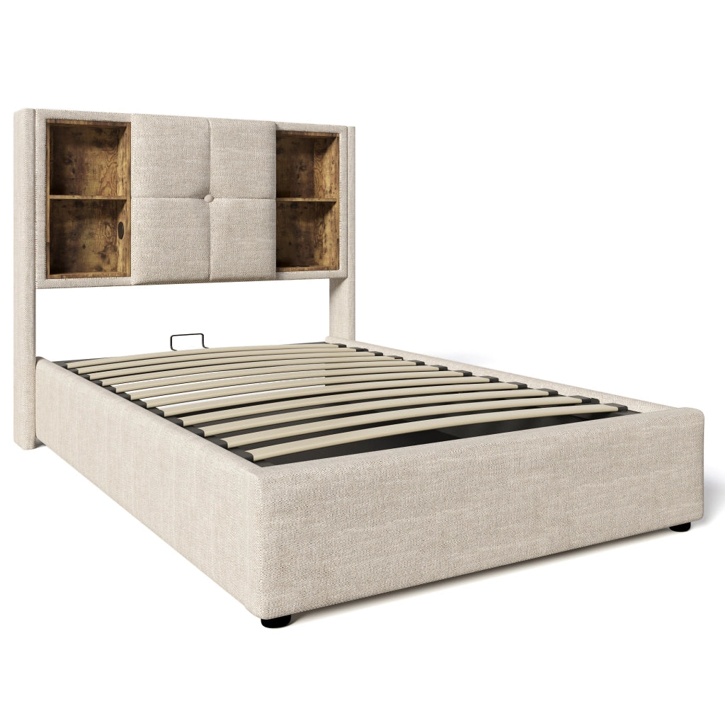 Letto singolo imbottito 90x200 cm in lino naturale con ricarica wireless; USB e contenitore