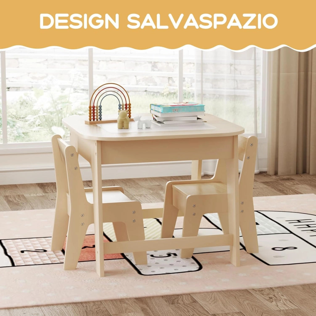 Set Tavolo e 2 Sedie per Bambini, con Lavagna Reversibile, Tavolo Multiattività con Vano Portaoggetti Nascosto e Sedie, per Bambini da 3-6 Anni, per Cameretta e Soggiorno (Giallo)