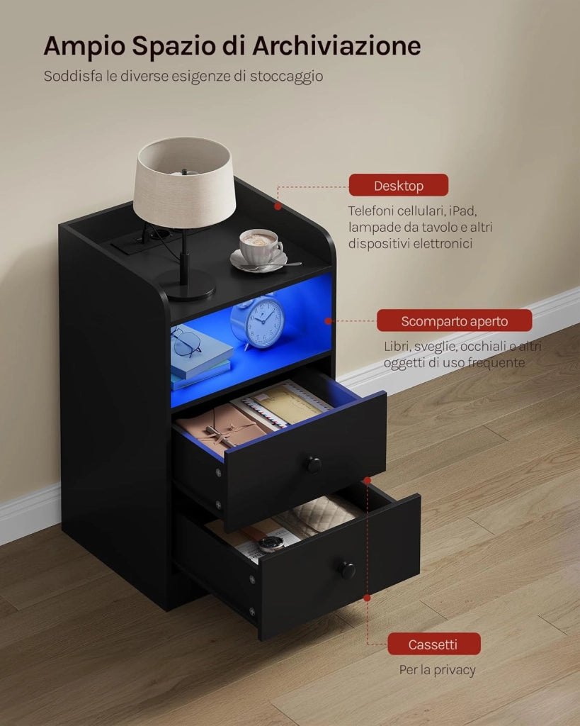 Comodino per Camera da Letto, Comodino Nero con Prese, Porte USB e Luci a LED, Tavolino con 1 Piano, 1 Scomparto e 2 Cassetti, Tavolino da Divano in Legno, NTS07sz
