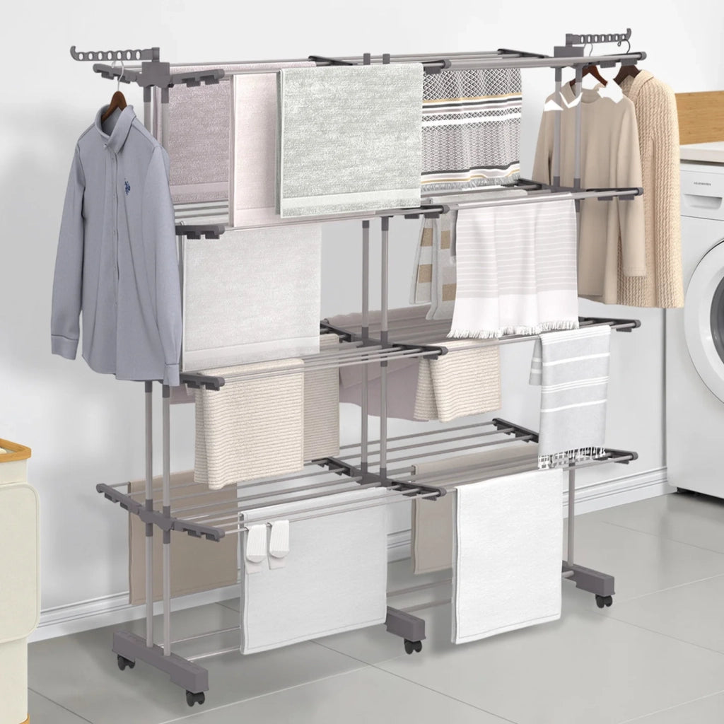 IDMarket - Asciugabiancheria verticale pieghevole e allungabile 4 livelli MAXI capacità 50M acciaio inox e grigio