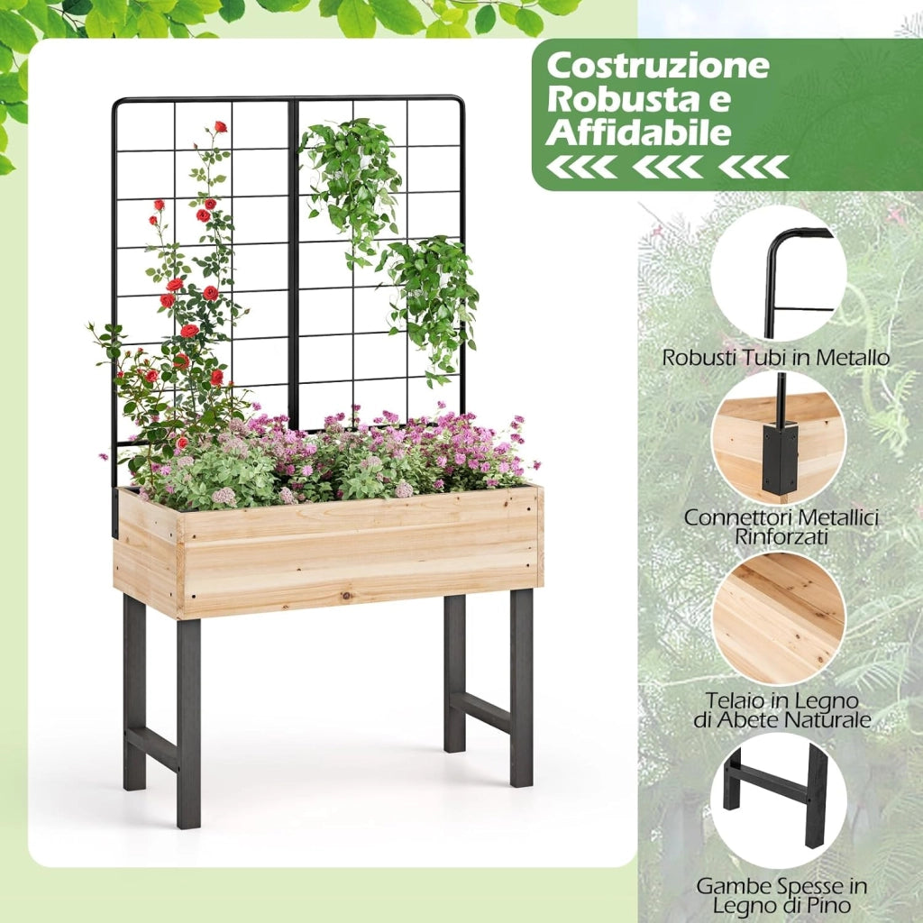 Letto da Giardino Rialzato con Traliccio in Metallo e Drenaggio, Fioriera in Legno Sopraelevata per Piante Rampicanti, Fioriera da Interno ed Esterno per Patio, Balcone e Cortile