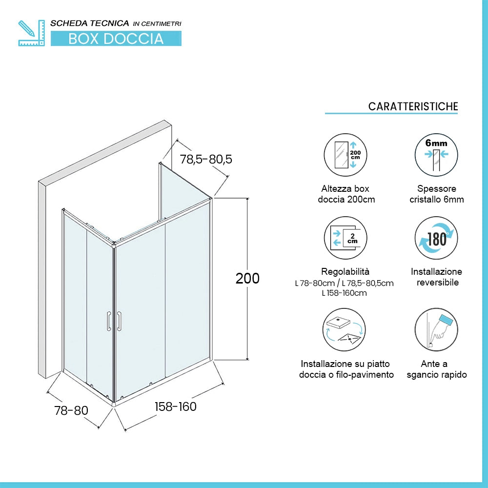Box doccia 3 lati 80x160x80 cm con doppio scorrevole vetro trasparente Ted