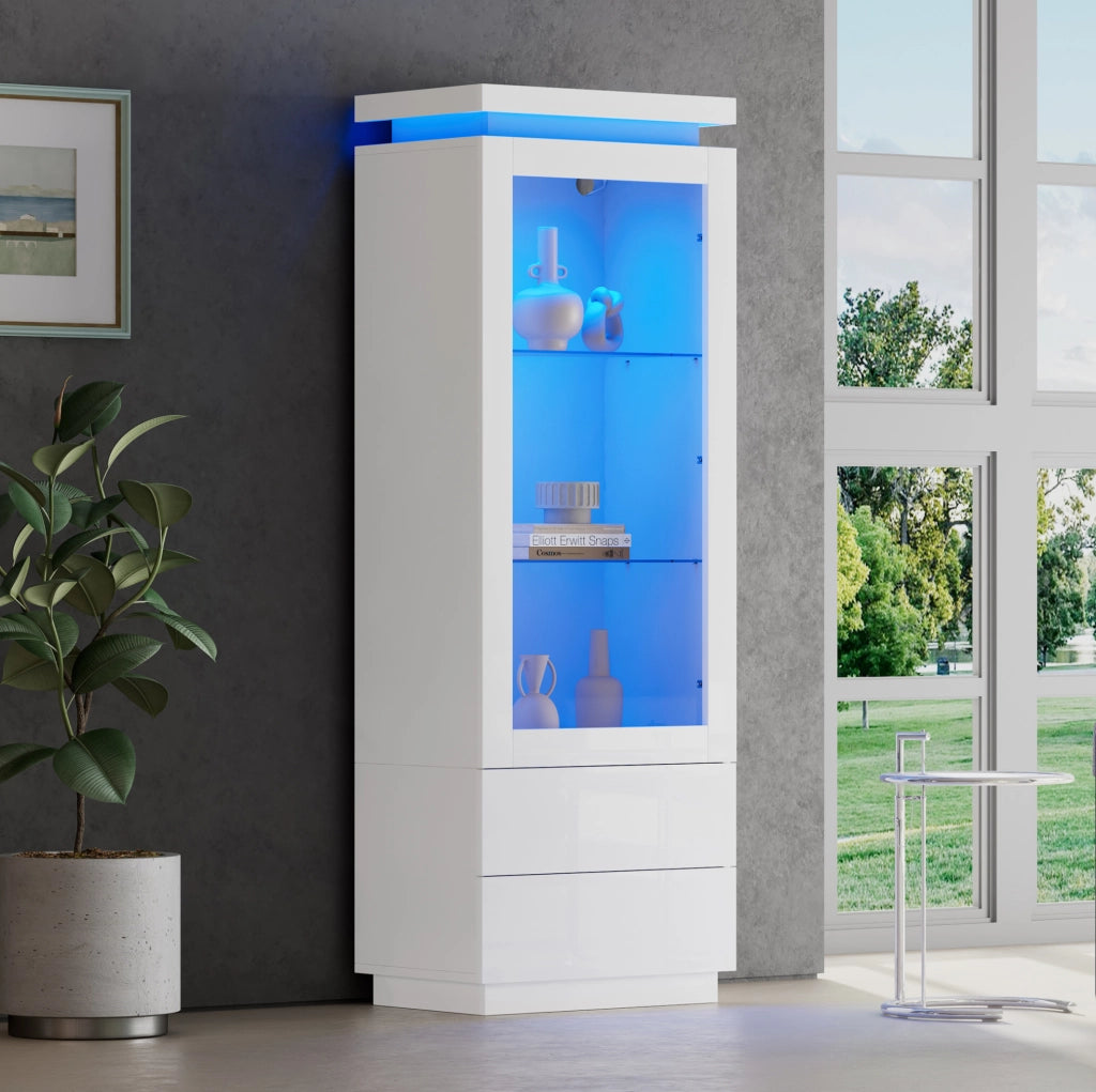 Vetrina alta bianca lucida con LED, 2 cassetti e anta trasparente, 60×40×171 cm