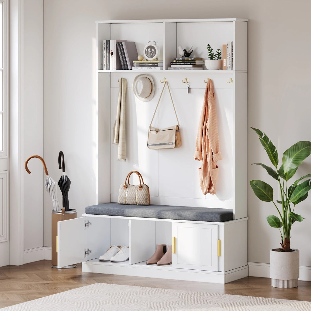 OKWISH Mobile da Ingresso con 6 Ganci, Panca Portascarpe e Ripiano Aperto, per Ingresso, Bianco, 120 x 40 x 191 cm
