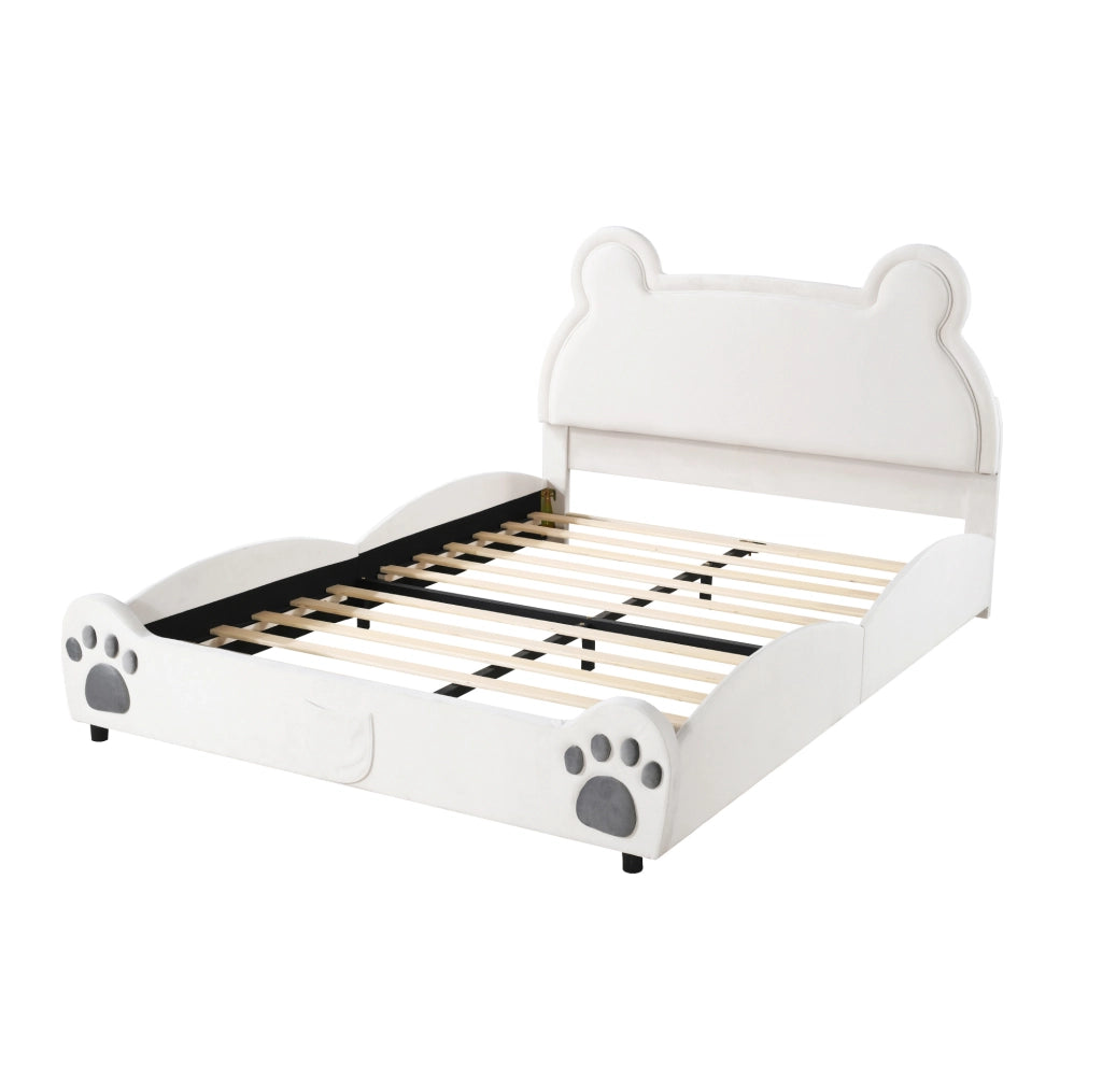 Letto imbottito per bambini ULEVR 140x200 cm a forma di orso, bianco, con 12 doghe