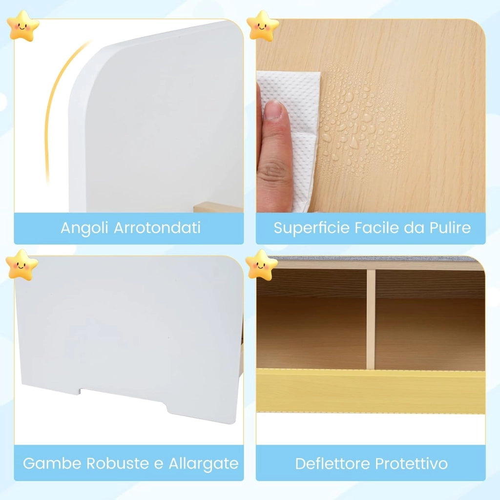 Libreria Montessoriana Salvaspazio per Bambini con Panchina Bianco | Porta Libri Bambini con Portariviste a 2 Ripiani, 2 Scomparti Aperti e Cuscino Seduta Rimovibile per Cameretta