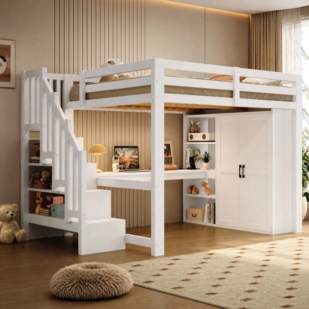 Letto a soppalco 140x200 cm con scrivania; armadio; scala contenitore; LED e USB bianco
