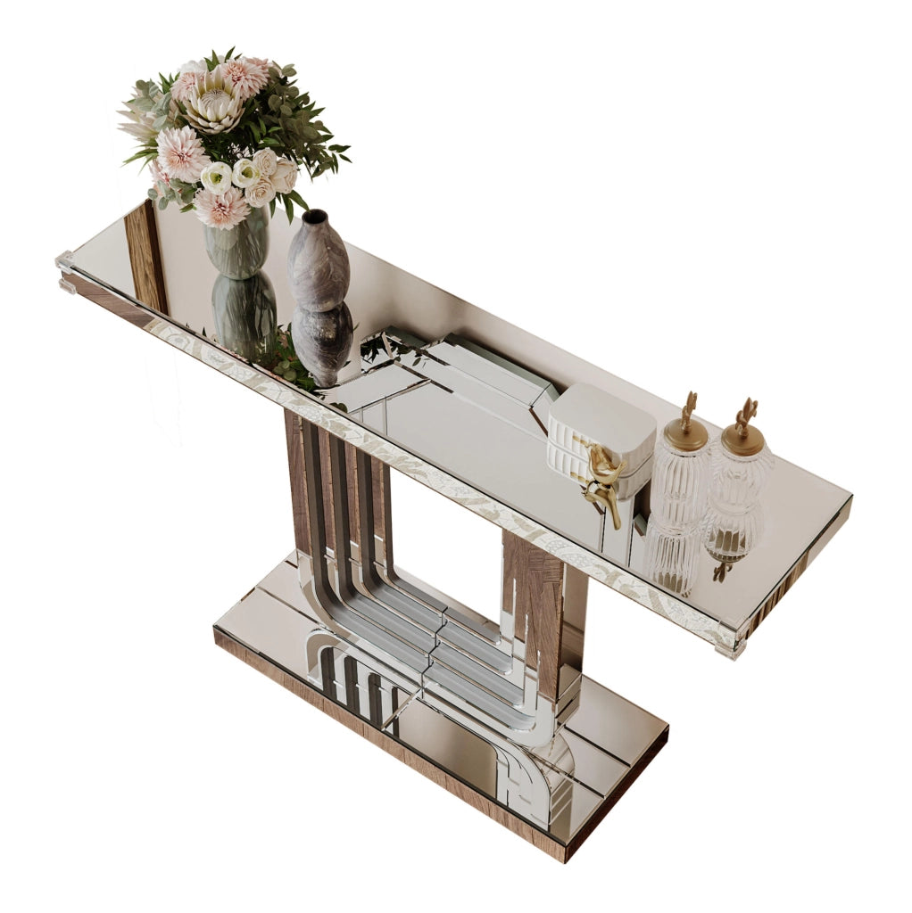 Consolle Specchiata DESMIU 120 cm con Base a U in MDF Argentata, Design Moderno e Resistente ai Graffi