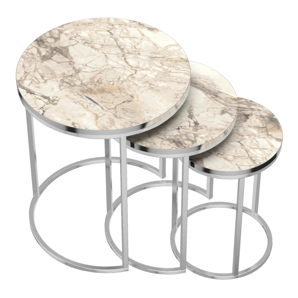 Set di 3 tavolini rotondi impilabili in marmo bianco e argento 03_0008377