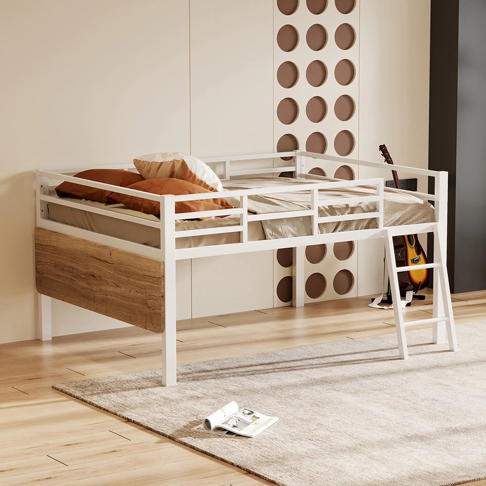 Letto a soppalco 140x200 cm - Xylo - Bianco, Struttura metallica, Scrivania integrata, Luci LED con telecomando