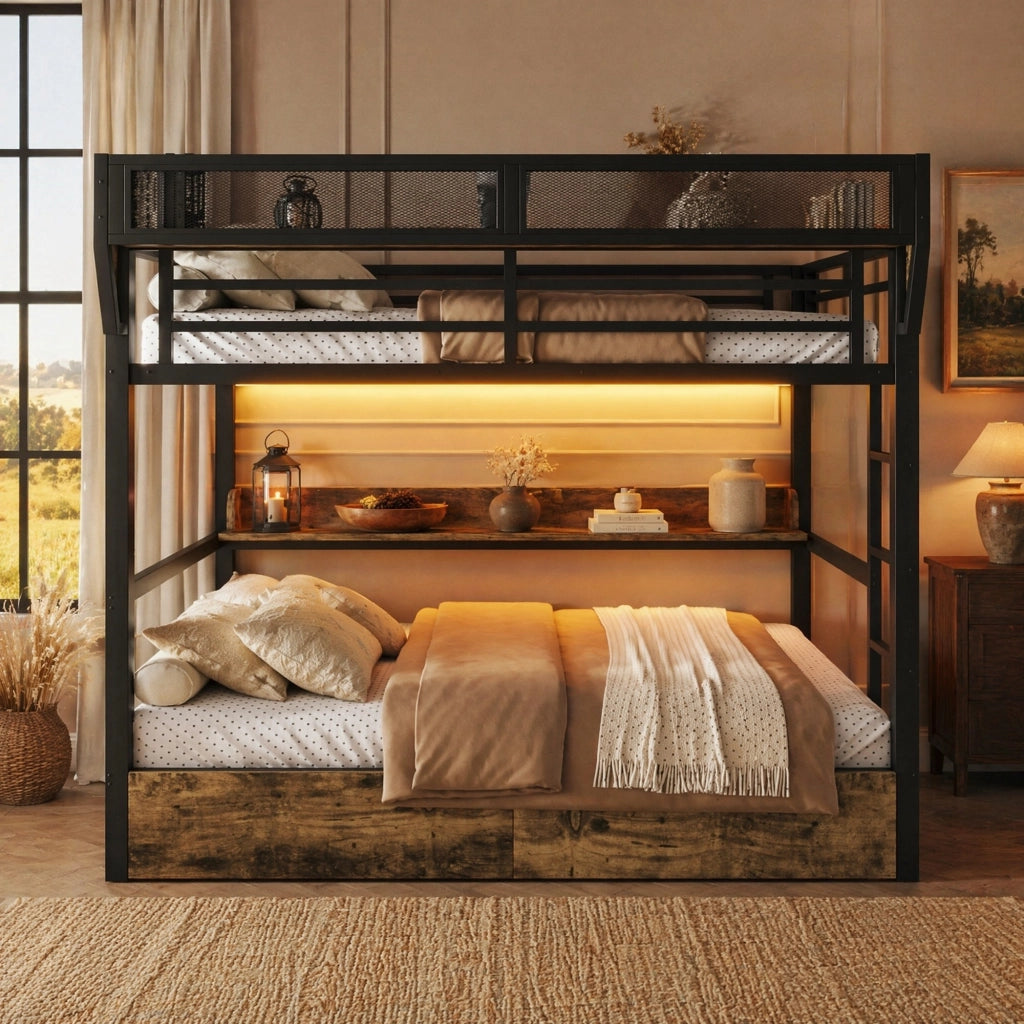 Letto a castello 140x200 cm con LED, cassetti e ripiani