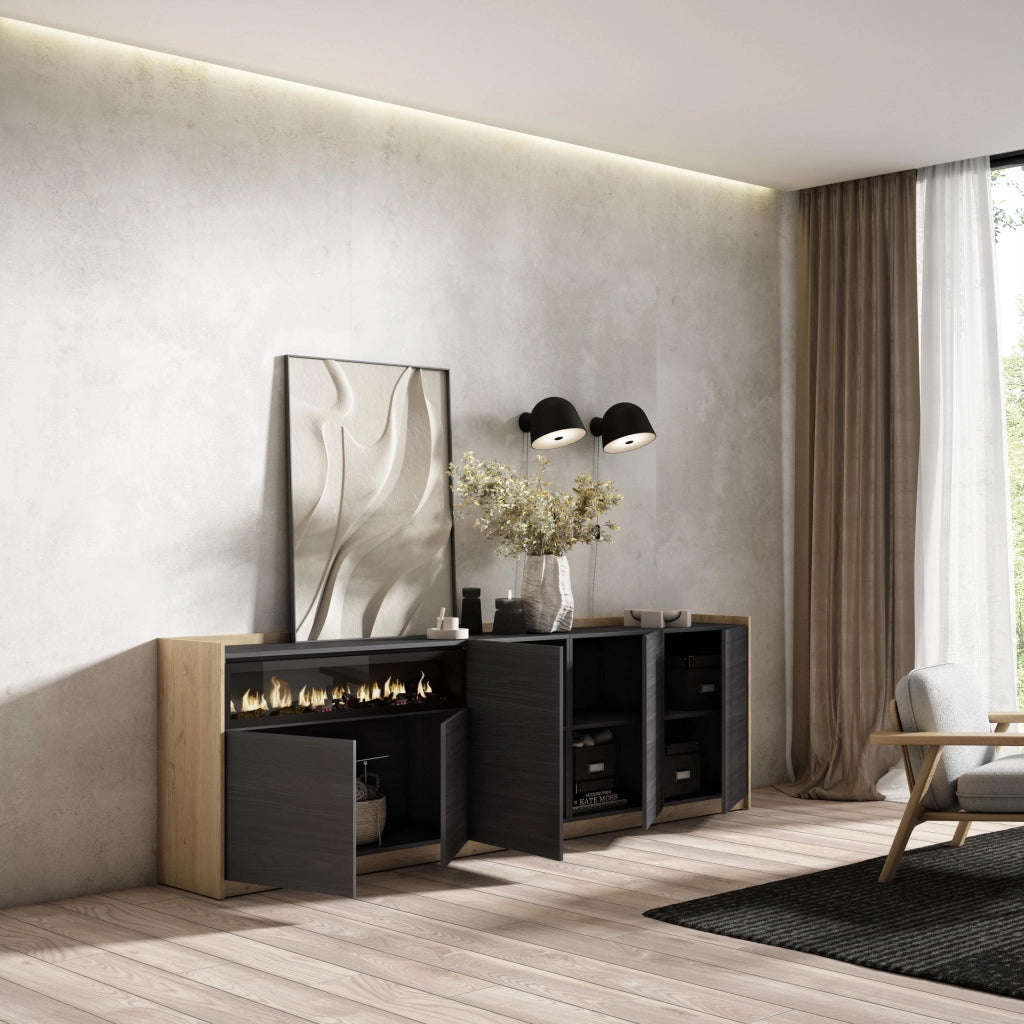 Credenza, Mobile, Cucina, 260x80x37 cm, 5 Porte, Camino elettrico, Nero e rovere