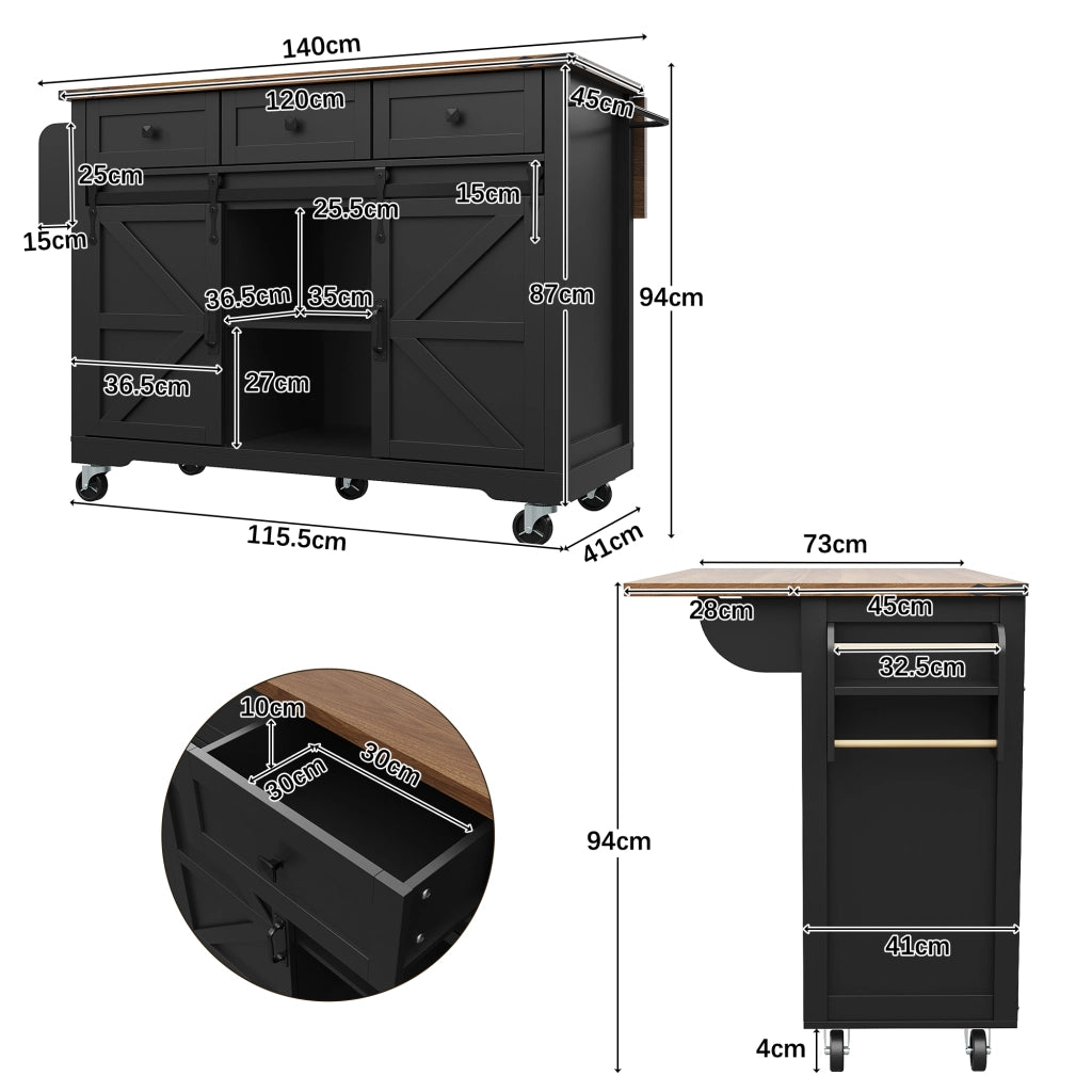Carrello da Cucina con 3 Cassetti e 2 Ante Scorrevoli; Piano Pieghevole e Ruote; in MDF; Nero