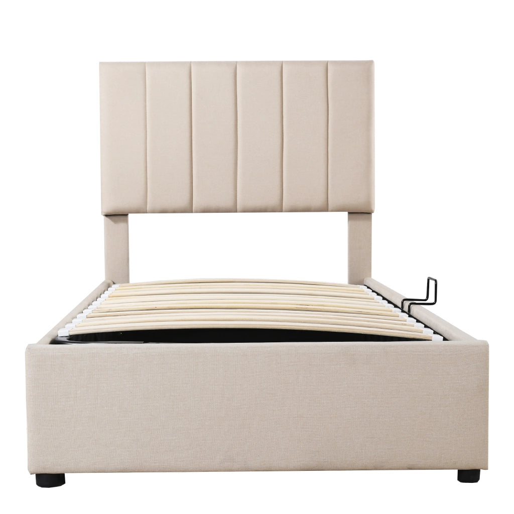 Letto per bambini imbottito con contenitore idraulico e testiera regolabile; lino beige; 90x200 cm; senza materasso