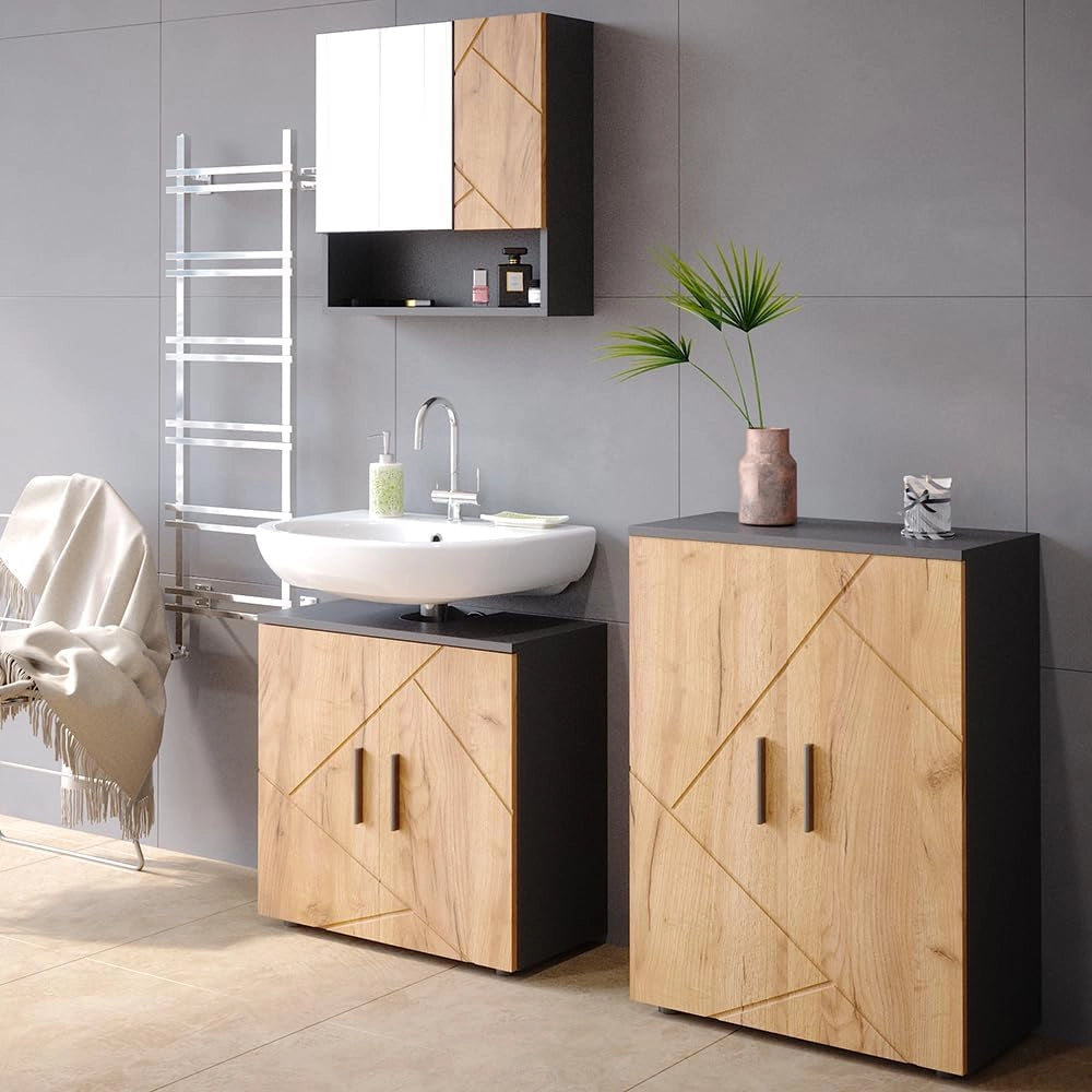 Mobiletto bagno Irma, Antracite/quercia dorata, 60 x 81 cm, per la conservazione in bagno e abbinabile alla serie Irma