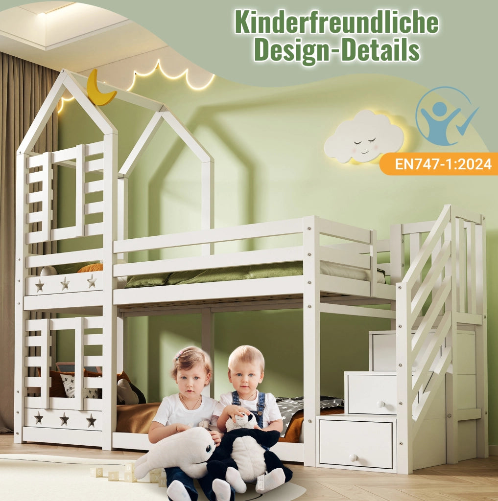 Letto a castello a casetta con cassetti e scala contenitore; 90x200 cm; bianco
